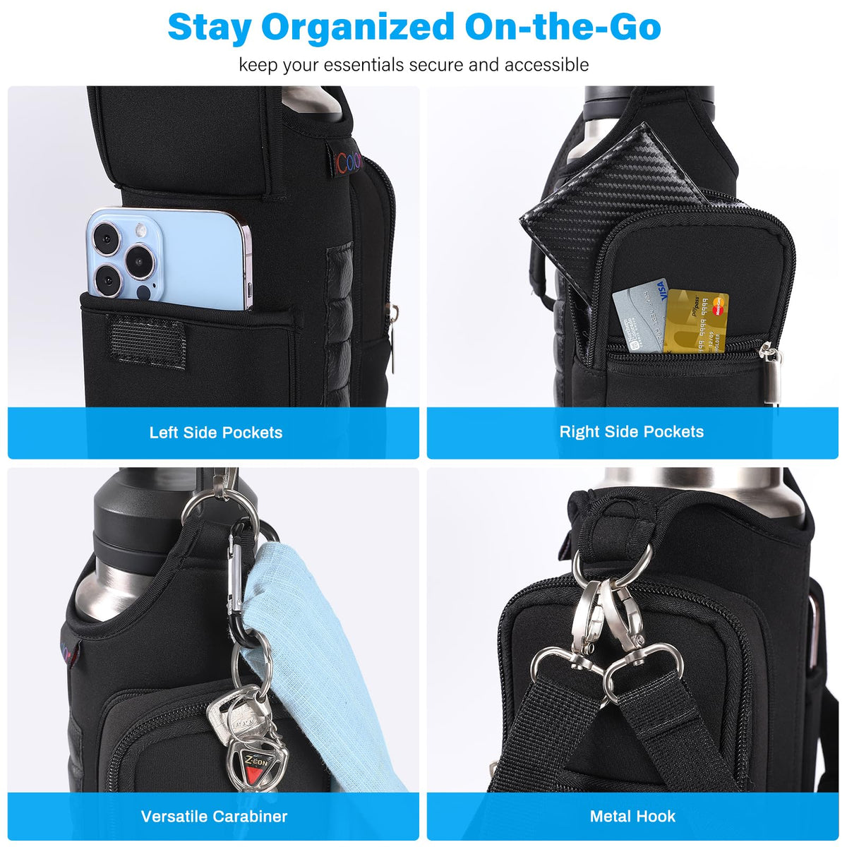 icolor Magnetic Gym Bag Water Bottle Holder with Phone Pockets & Shoulder Strap,Sling Gym Magnetic Bag 5 Built-in Magnets Bottle Pouch Carrier Sleeve Gym Accessories Organizer for Men Women