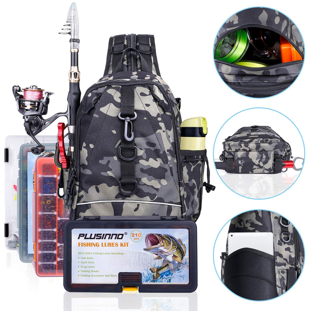 PLUSINNO Fishing Tackle Backpack Storage Bag，Outdoor Shoulder Backpack，Fishing Gear Bag，Water-Resistant Fishing Backpack with Rod Holder (Standard(14.6*8.7*5.5 inch)-Black CP)