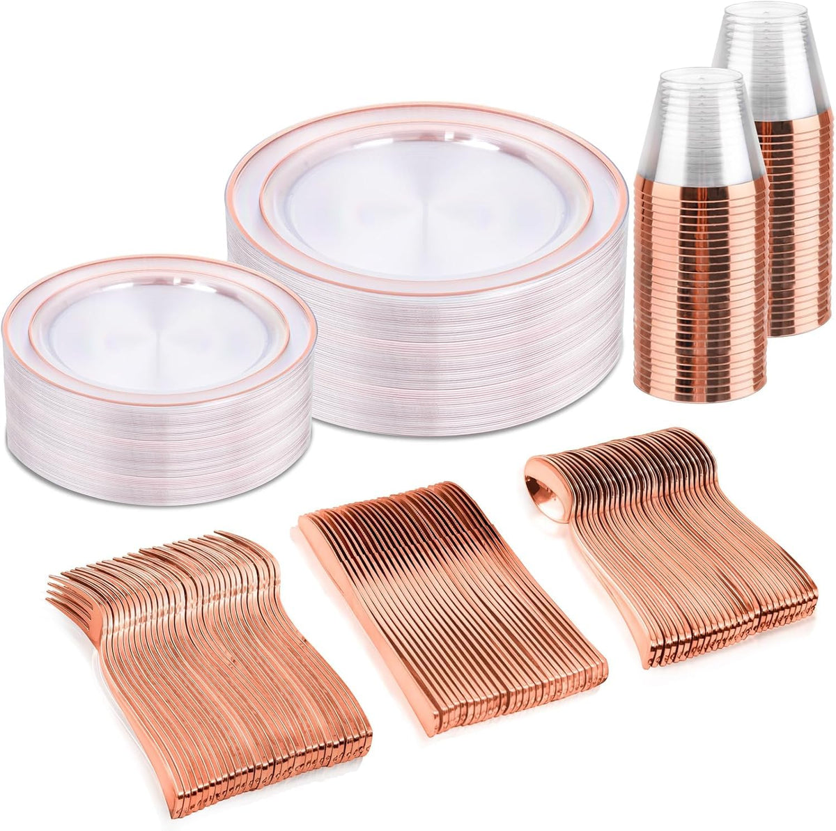 bUCLA 600PCS Clear Rose Gold Plastic Dinnerware Set Disposable - Include 100 Dinner Plates, 100 Dessert Plates, 100 Knives, 100 Forks, 100 Spoons, 100 Cups for Party & Wedding