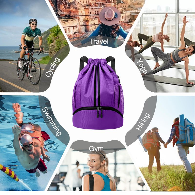 Hoedia Sports Drawstring Backpack - String Swim Gym Bag with Shoes Compartment and Wet Proof Pocket for Women and Men