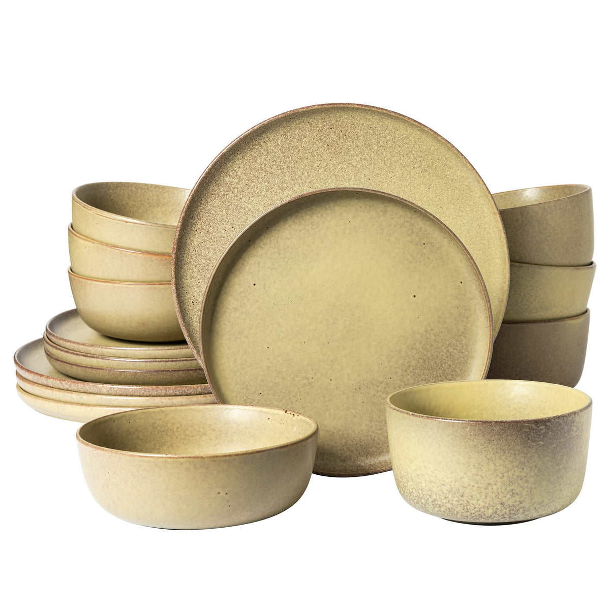 Gibson Elite Island Cove 16 Piece (Service for 4) Plates and Bowls Reactive Glaze Organic Round Dishes Stoneware Ceramic Dinnerware Set -Light Grey