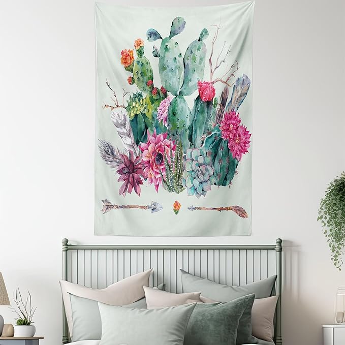 Ambesonne Cactus Tapestry, Spring Garden Boho Style Bouquet of Thorny Plants Blossoms Arrows Feathers, Wall Hanging for Bedroom Living Room Dorm Decor, 40" X 60", Rose Green Brown