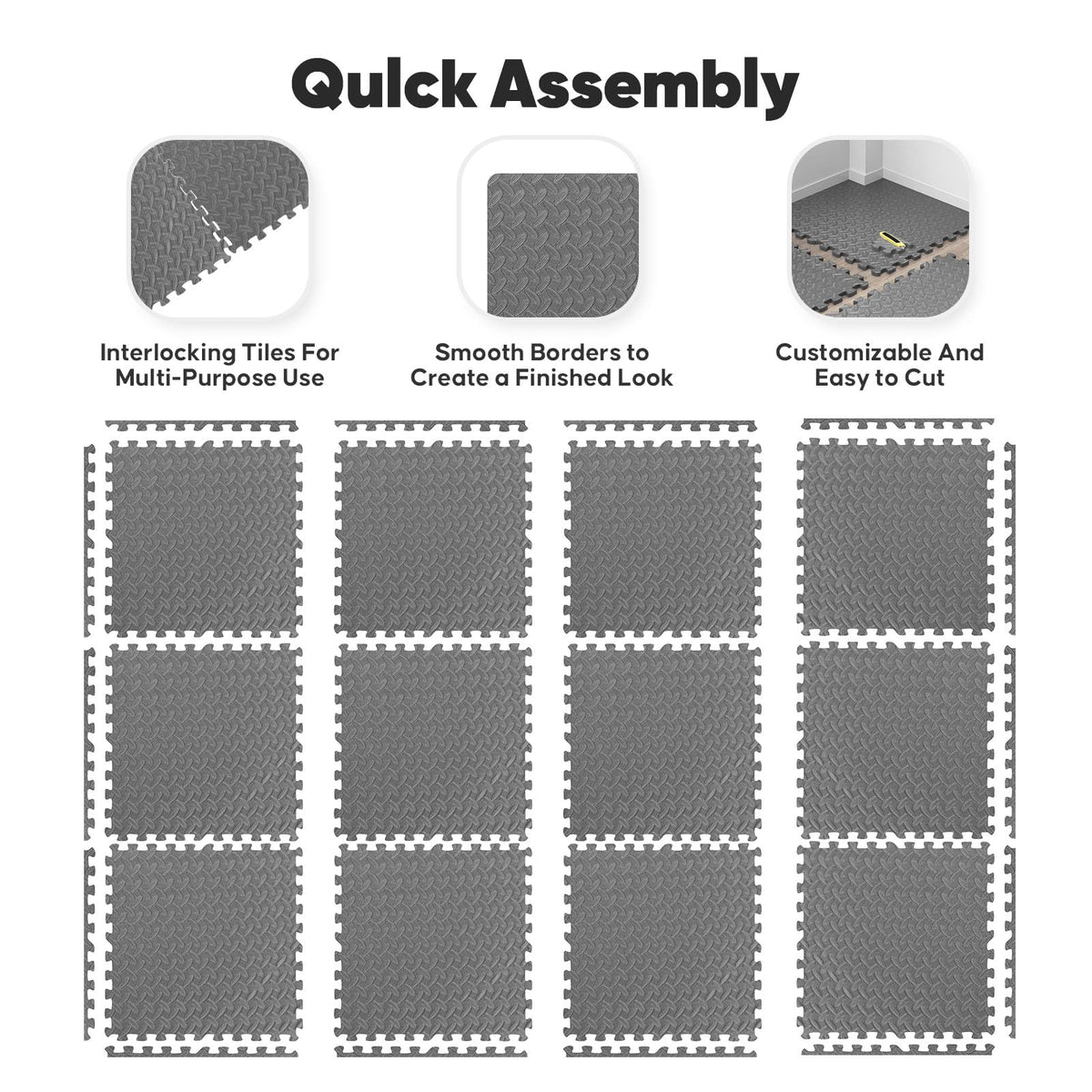 12 Pack 48 sqft Home Gym Mat, Puzzle Exercise Mat, EVA Interlocking Foam Floor Tiles for Home Workout Equipment and Kids' Play Areas - Grey, 24 in x 24 in x ½ in - 12 Tiles (Grey, 12 Pack, 48 SQ FT)