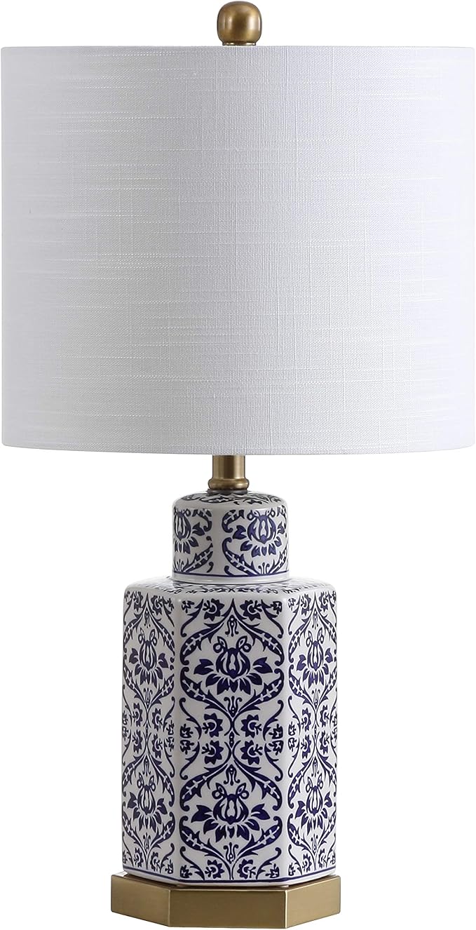 JONATHAN Y 23.5" Blue/White Traditional Ginger Jar Ceramic LED Table Lamp, Hexagonal Damask Pattern with White Linen Shade and Brass Accents, LED Bulb Included JYL3050A