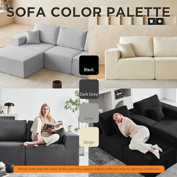 INGEROOM 108" Cloud Sectional Couch with Chaise, Modular L-Shaped Sofa Deep Seat Comfy Corduroy Memory Foam Couch for Living Room Bedroom, No Assembly Required, Black