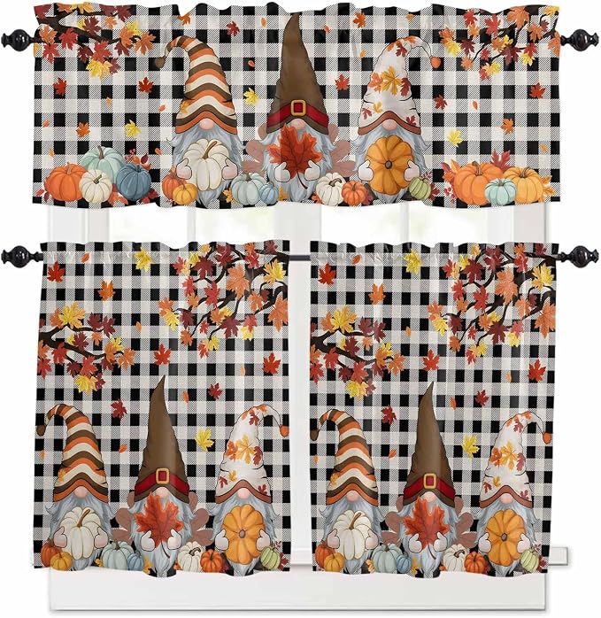 Thanksgiving Gnomes Kitchen Curtain Set, Fallen Maple Leaf Pumpkin Black Plaid