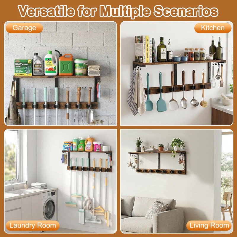 Housolution Broom Holder Wall Mount with Cleaning Supplies Organizer, 100 LBS High Load-Bearing Laundry Room Storage Shelves, Multifunctional Mop Hanger Rack with 7 Grippers & 8 Hooks
