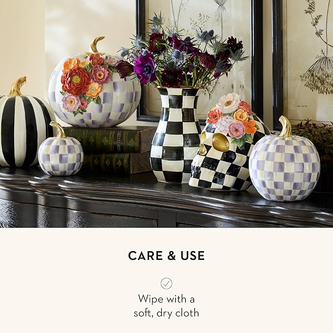 MACKENZIE-CHILDS Mini Decorative Pumpkin for Fall Decor, Autumn Decorations for Home, Violet Check
