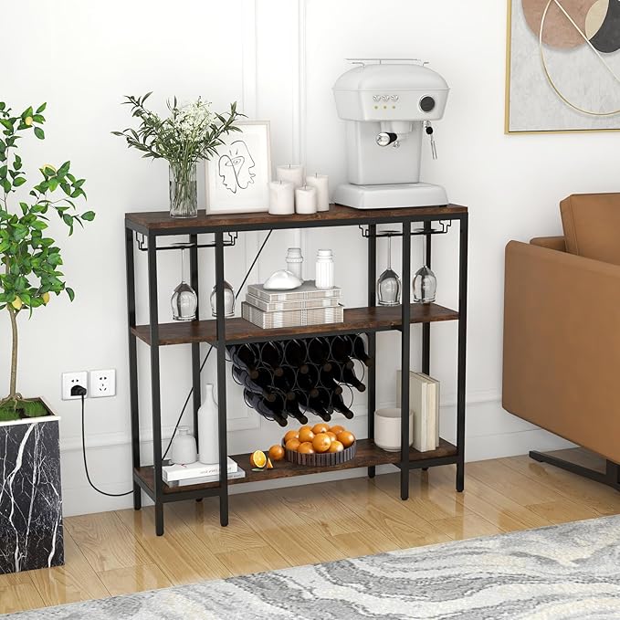 COSTWAY Wine Bar Cabinet, 3-Tier Home Mini Bar for Liquor w/Power Outlets, Glass Holder, Wine Rack, Anti-Tipping Kit, Metal Coffee Bar Table for Home Apartment Kitchen Living Room Pub (Brown)