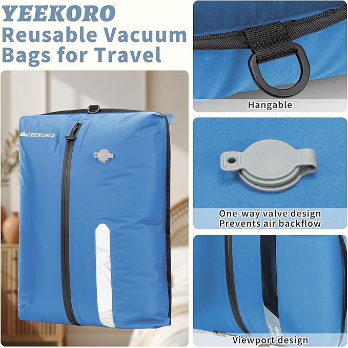 YEEKORO Vacuum Bag for Travel, Professional IPX8 Waterproof Reusable Vacuum Compression Bags for Travel Suitcases, Durable Space Saver Bag(2 PACK,With Pump)