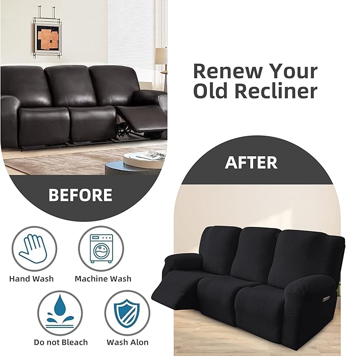 Genina Recliner Sofa Covers - Stretch Reclining Couch Covers with Stripe Jacquard - 3 Seat Cushion Slipcovers with Soft Fabric - Furniture Protector for Pet Kid (Black)