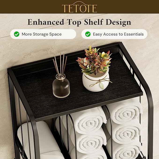 TETOTE 4-Tier Towel Rack for Bathroom M-Shaped Detachable Dividers & Hooks, Free Standing Towel Holder Bathroom Towel Storage Organizer for Pool, Kitchen, Laundry, Black