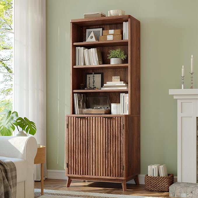6-Tier Bookshelf, Modern Bookcase with Fluted Doors & Adjustable Shelves, Mid-Century Cabinet, Wooden Book Shelf for Home Office, Living Room, Kitchen, Walnut