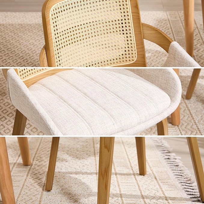 DUOMAY Modern Linen Dining Chairs Set of 4, Cane Back Room Chairs with Solid Wood Legs Kitchen Chairs for Living Room, Restaurant, Beige