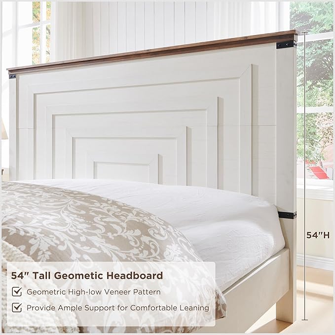 RedLemon Farmhouse Queen Size Bed Frame w/ 54" Tall Geometric Headboard, Rustic Wood Platform Bed w/ 2 Large Storage Drawers, Wood Slats Support, Noise Free, No Box Spring Needed, Antique White