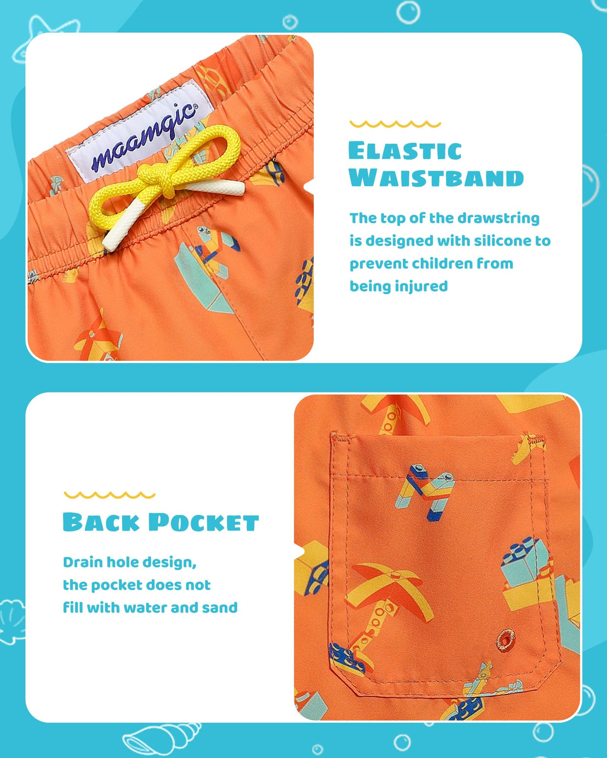 maamgic Boys Swim Trunks with Compression Liner Toddler Stretch Swim Shorts Quick Dry Swimming Trunks Boxer Brief 2 in 1 Beach Shorts Orange Blocks 3T