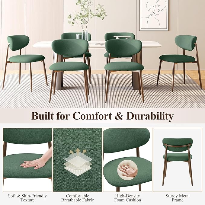 Dining Chairs Set of 6, Upholstered Dining Room Chairs with Metal Legs and Anti Slip Pads, Curved Back Kitchen Chair for Home and Restaurant Use, Green