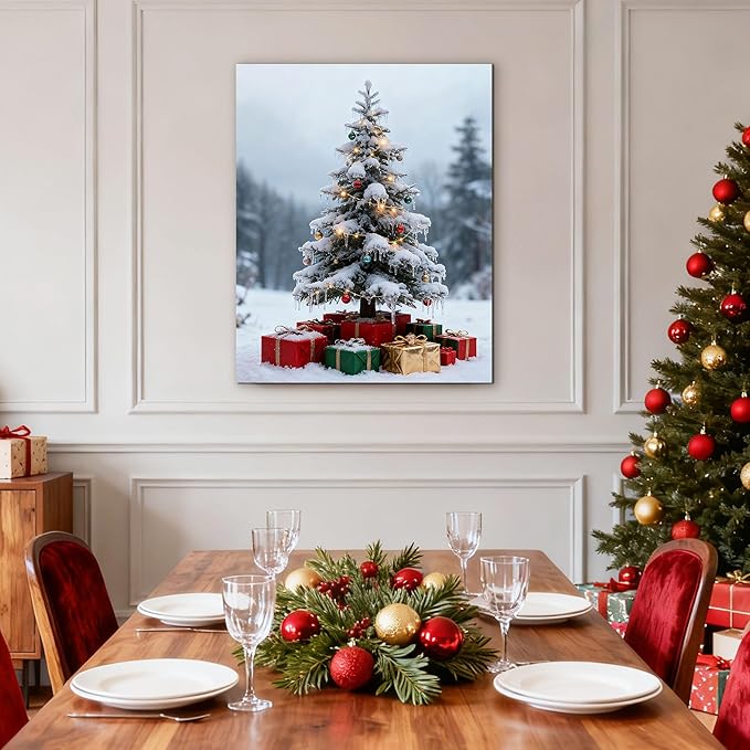 Framed Christmas Pictures Wall Decor,Vintage Pine Tree Prints,Winter Christmas Canvas Wall Art Decoration for Bedroom Bathroom Living Room Rustic Xmas Holiday Gifts (Christmas Tree 11, 16'' X 20'')