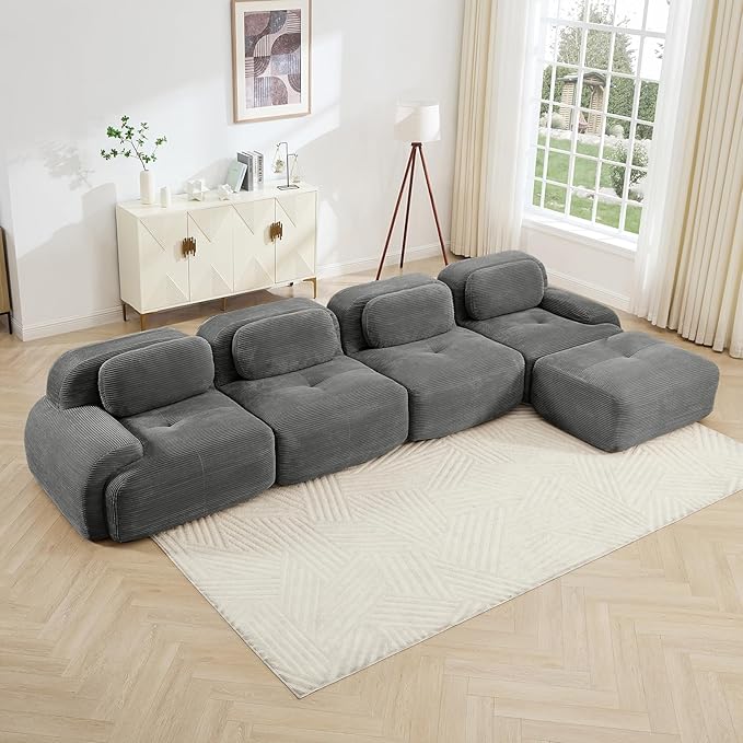 152" Modern Corduroy Cloud Sofa with Ottoman, L Shaped Boneless Modular Large Sectional Couches for Living Room, Gray 4 Seater Compressed Memory Foam Couch, Extra Deep Seat, No Assembly