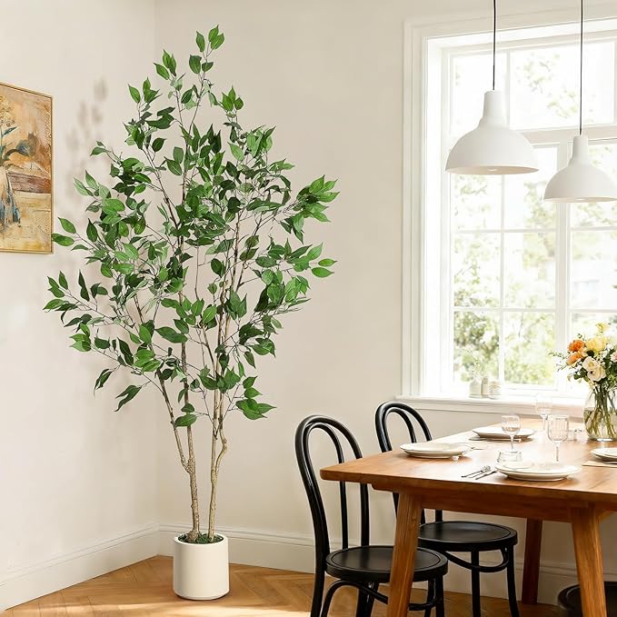 6FT Ficus Trees Artificial Indoor, Faux Silk Plant with Natural Wood Trunk and Lifelike Fruits, White Imitation Ceramic Planter with Green Fake Moss for Modern Home Office Living Room Decor