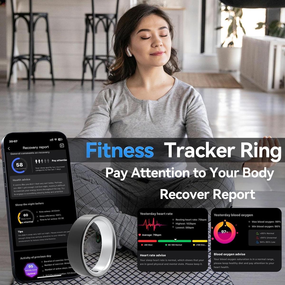 Smart Ring for Women Men,Sleep Tracking Wearable,Fitness Tracker Ring with Step/Heart Rate/Blood Oxygen/Distance/Calorie,Clock Vibration,No Subscription Fee,5ATM Waterproof, iOS&Android(Silver 8)