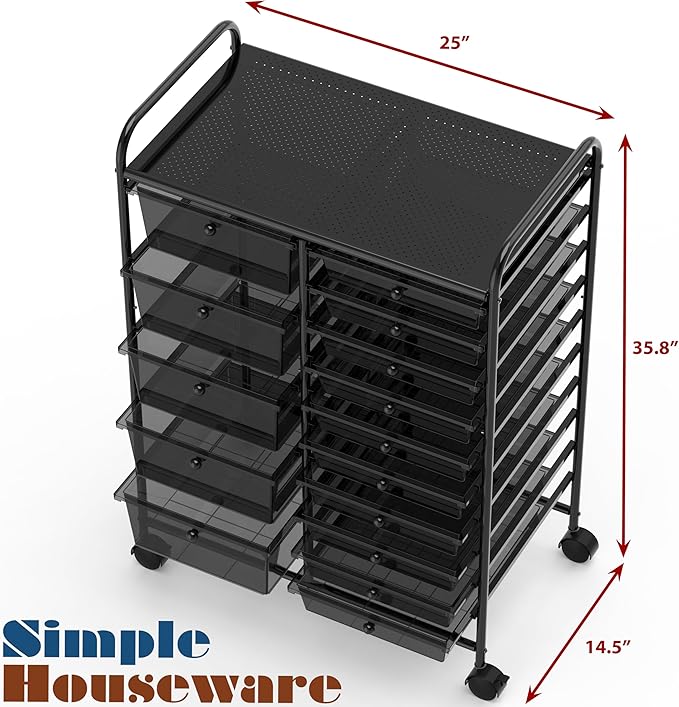Simple Houseware Utility Cart with 15 Drawers Rolling Storage Art Craft Organizer, Black