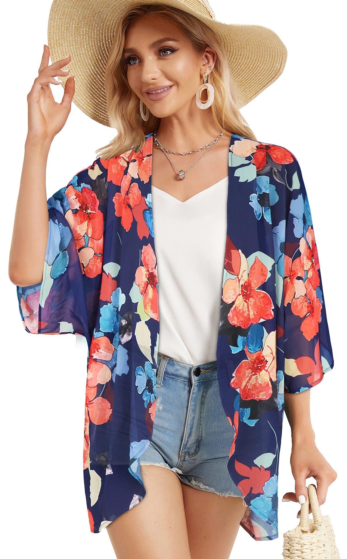 Summer Kimono Cardigan for Women Sheer Light Tops Casual Open Front Swimwear Shirts Beach Cover ups (Oil Blue,5XL)