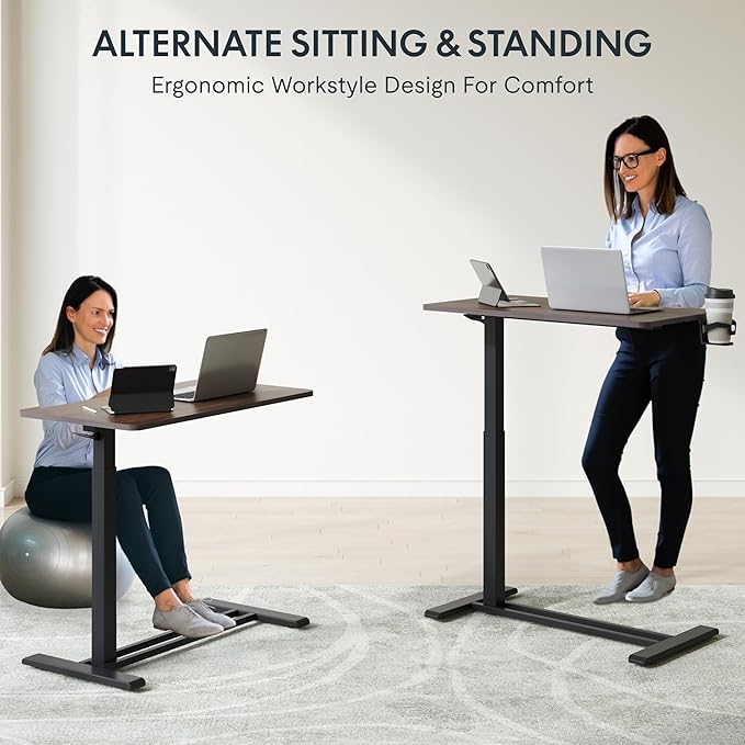 FLEXISPOT Mobile Standing Desk with Wheels Pneumatic Laptop Desk Rolling Computer Cart Movable Height Adjustable Small Sit Stand Desk Computer Workstations Home Use(31.5" W x 17.7" D, Mahogany)