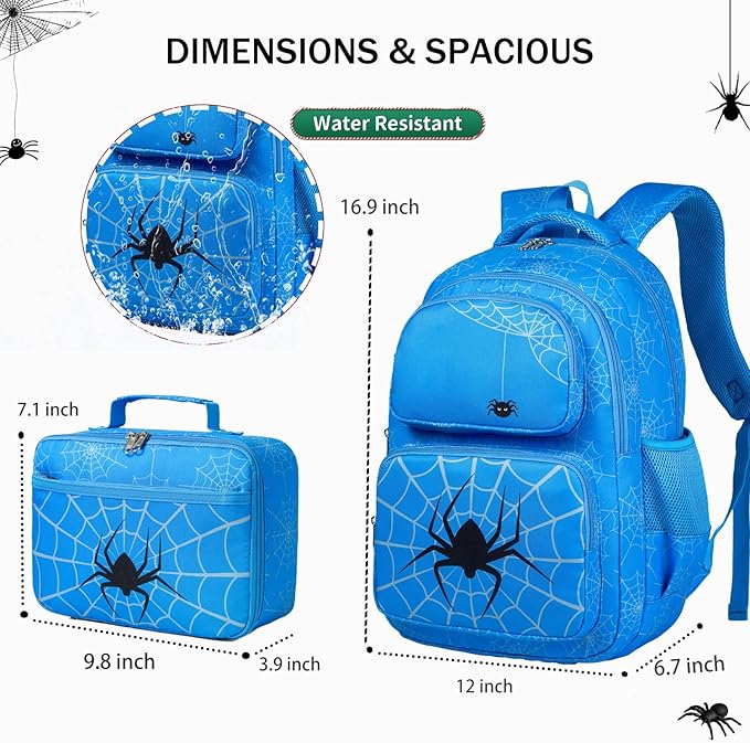 Kids Backpack Boys Spider Backpack with Lunch Box Kindergarten Elementary Middle School Toddler Bookbag for Boys Ages 4-14, Spider-Blue