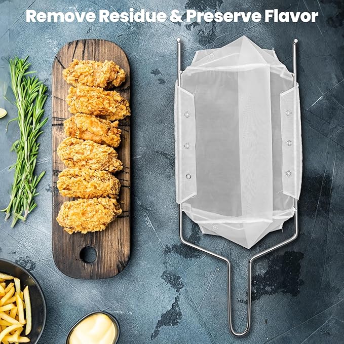 3 Pcs Deep Fryer Filter Bag & Frame Set, Reusable Oil Strainer Compatible with 40L/60L Deep Fryers, Fine Mesh to Capture Crumbs, Durable for Home & Commercial Use, with 1 Professional Food Thermometer