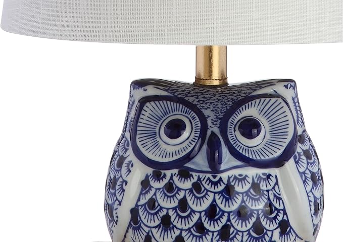 JONATHAN Y 16" Blue/White Ceramic Owl Mini Table Lamp for Bedroom or Office, Modern Farmhouse Nightstand Lamp with White Linen Shade, LED Bulb Included JYL3014A