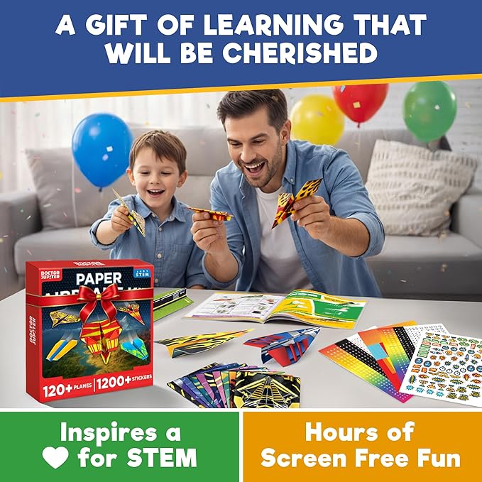 Doctor Jupiter Paper Airplane Book Kit for Kids Ages 6+ | Make & Fly 120+ Paper Airplanes with 1200+ Stickers | Birthday Gift Ideas for 6-7-8-9-10 Year Old Boys & Girls | STEM Airplane Toy, Craft Kit