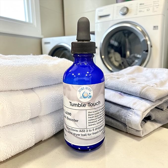 Tumble Touch Laundry Booster Set – 3 Premium XL 100% Wool Dryer Balls included with Luxury Scent Drops 2oz Glass Dropper Bottle – Reusable Fabric Softener Alternative (Linen Luxe)