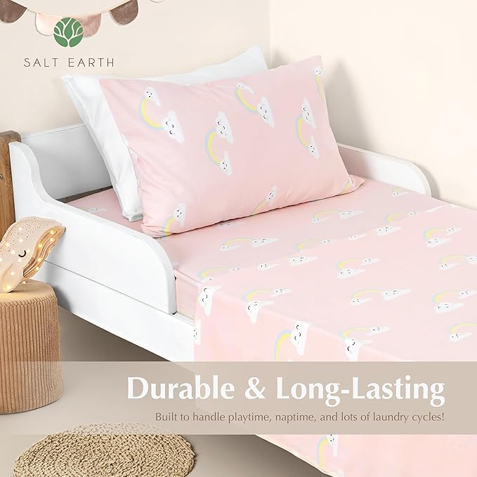Salt Earth 100% Cotton 210TC Kids Bedsheet, Twin Fitted Sheet, Toddler Bed, 4-Piece Set – 2 Fitted Sheets & 2 Pillowcases, Themed Toddler Bed Sheets, Cute Kids Bedding (Unicorn/Rainbow)