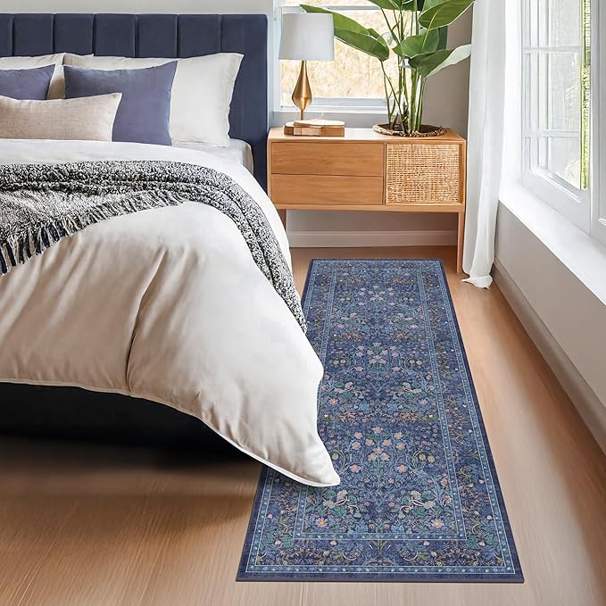 Non Slip 2x7 Dark Blue Hallway Runner - Long Runner Rugs for Bathroom, Washable Kitchen Floor Mat, Bedroom Bedside - Dusky Navy Vintage Floral Décor