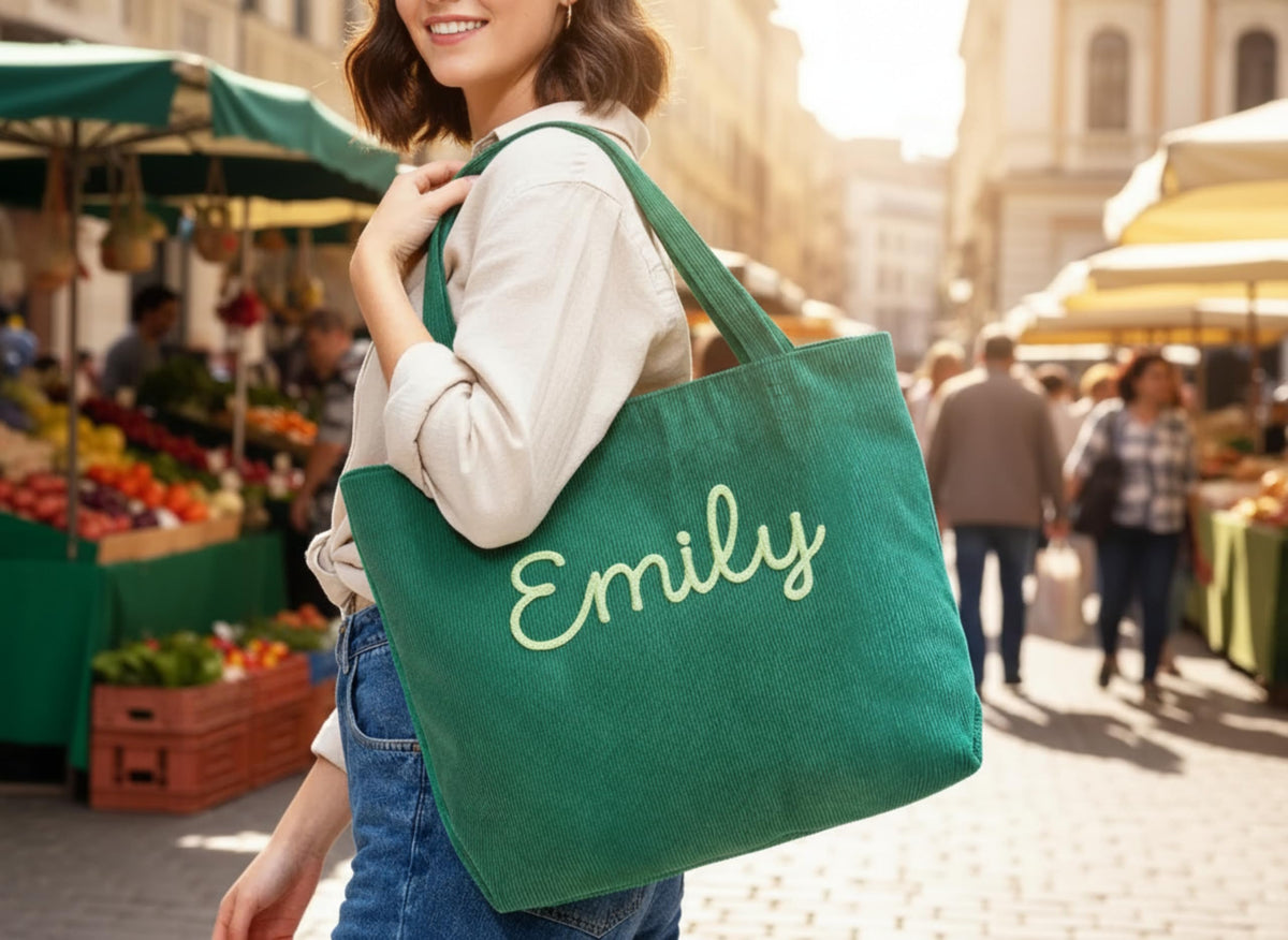 HASAWIN Personalized Embroidered Corduroy Tote Bag - Bridesmaid Gift, Custom Name Tote Bag, Everyday Essential & Weekender, Christmas Gift for Her