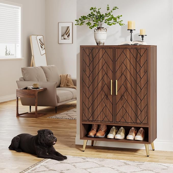 Tribesigns Entryway Shoe Cabinet with Doors, 6-Tier 24 Pairs Wooden Shoe Storage with Adjustable Shelves and Gold Legs for Living Room, Bedroom (Walnut)