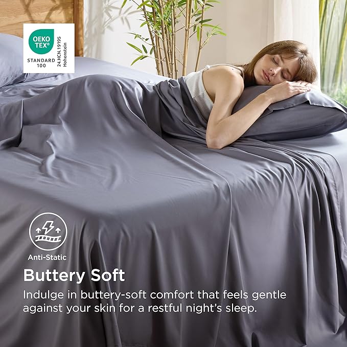 Bedsure California King Sheet Sets, Cooling Sheets, Rayon Derived from Bamboo, Breathable & Soft, Deep Pocket Up to 16 Inches, Hotel Luxury Silky Bedding for Hot Sleepers, Dark Grey