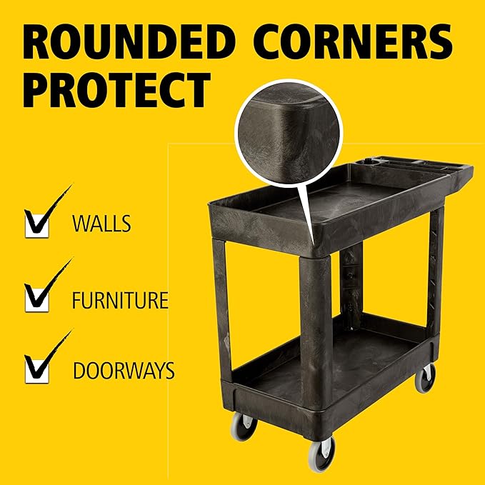 Rubbermaid Commercial Products 2-Shelf Utility/Service Cart, Small, Lipped Shelves, Storage Handle, 500 lbs. Capacity, for Warehouse/Garage/Cleaning/Manufacturing