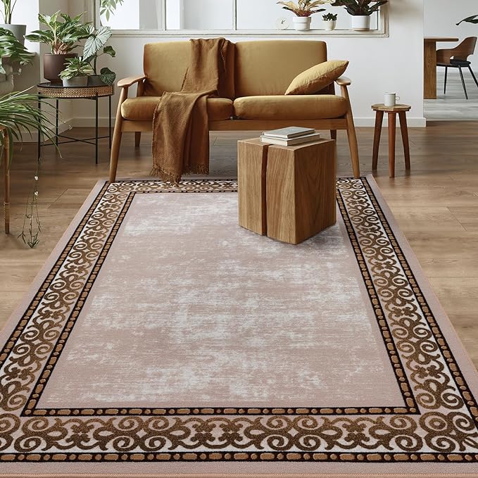 Antep Rugs Alfombras Bordered Modern 4x6 Non-Slip (Non-Skid) Low Pile Rubber Backing Indoor Area Rug (Beige, 4' x 5'8")