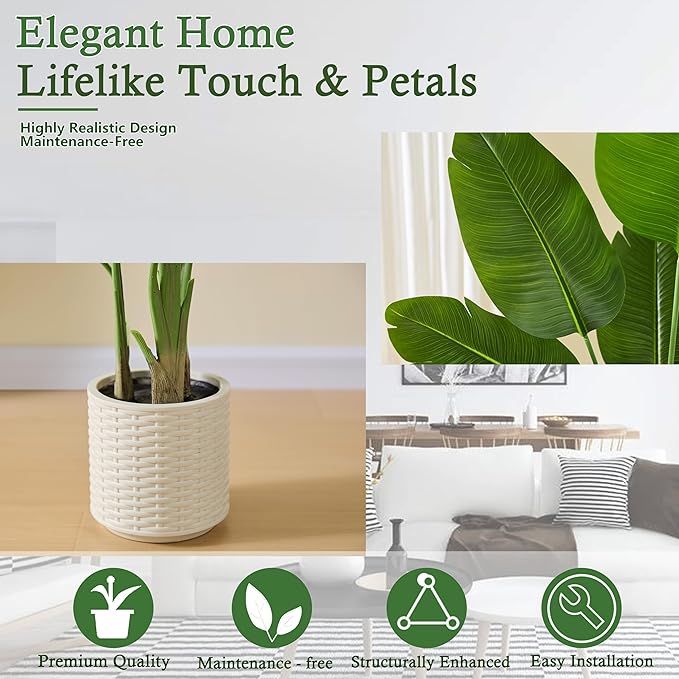 Artificial Bird of Paradise Plant: 6FT Faux Traveler's Palm Fake Banana Tree Elephant Ear Leaf Tall Silk Floor Plant in White Pot for Home Decor Indoor Office Entryway Balcony Patio Cafe Hotel