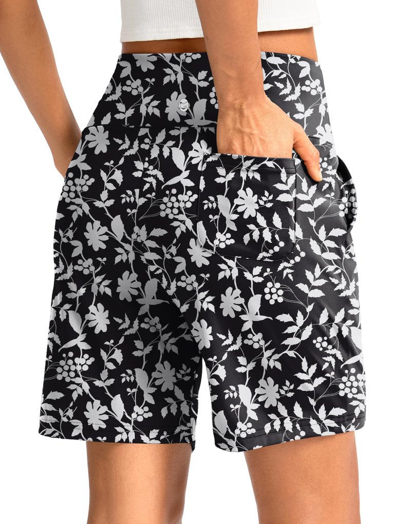 G Gradual Women's Bermuda Long Shorts with Pockets 7" High Waisted Knee Length Shorts for Women Walking Athletic Workout(White Flower-L7,XL)