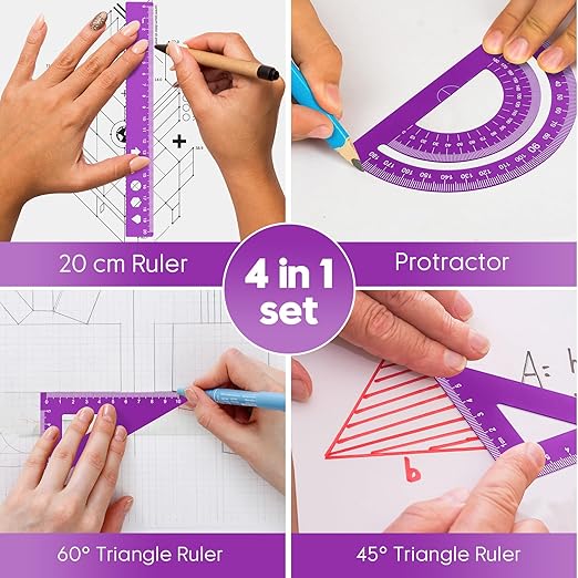 MSDADA Triangle Ruler, Protractor, Square and Ruler Set, 4 Pieces Aluminum Alloy Ruler, Metal Drafting Ruler Kit, Geometric Protractor for Student, School, Home, Office (Purple, 20cm/7.87inch)