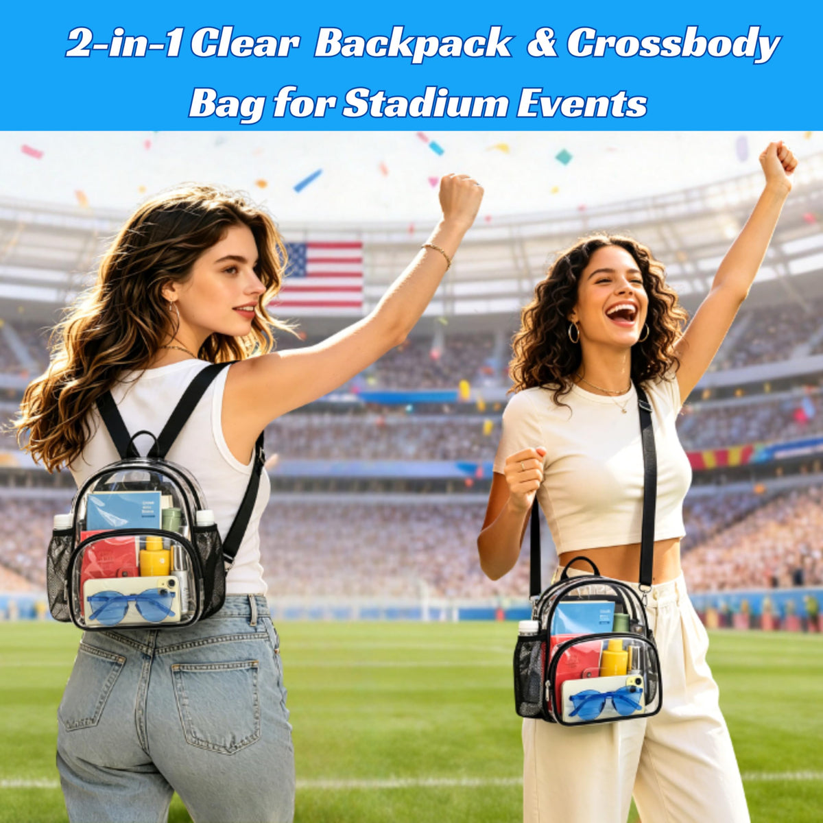 Higuyst Small Clear Backpack for Women - Concerts, Stadium Events Convertible Crossbody Bag with Side Mesh Pockets