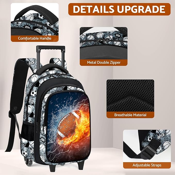 Boys Rolling Backpack for Kids - American Football Kids Rolling Backpack with Wheels for Elementary Middle School Students - Roller School Bookbag Aged 6-18, Wheeled Travel Bag Large Capacity