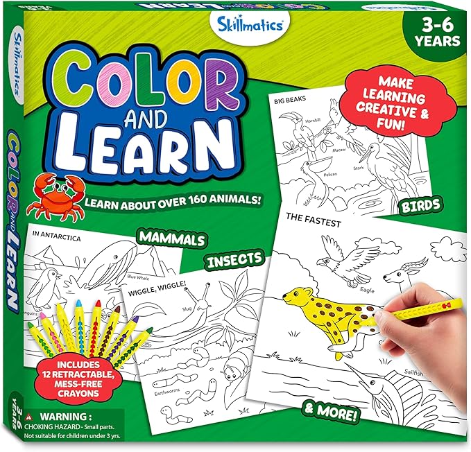 Skillmatics Color & Learn Activity Book – Learn 160+ Animals, 12 Retractable Mess-Free Crayons & 50 Pages, Educational Gift for Toddlers and Preschoolers Ages 3, 4, 5, 6