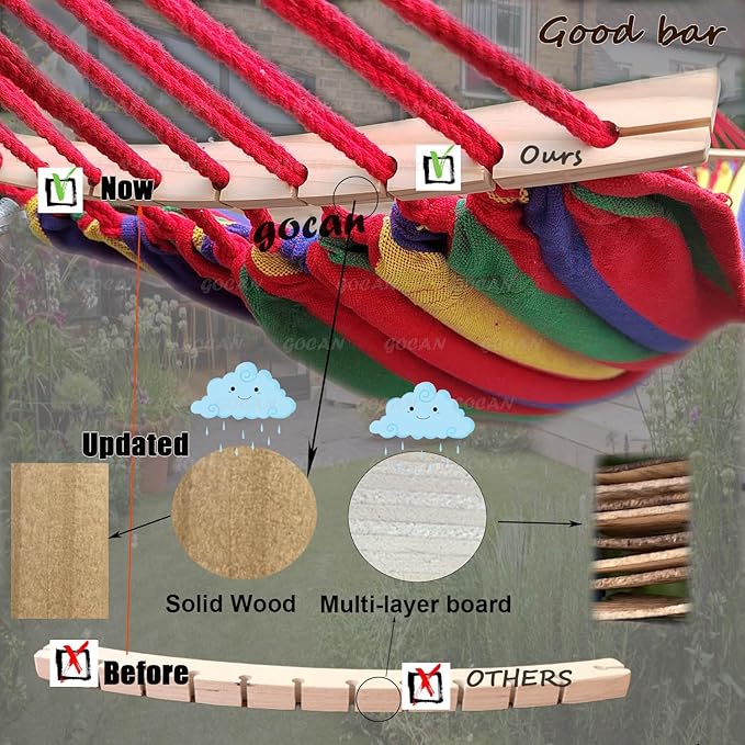 Double Hammock 2 Person Extra Large 220x160cm Total Length 330cm Load 500lb Canvas Cotton Hammock for Patio Porch Garden Backyard Lounging Outdoor and Indoor with Removable Spreader bar