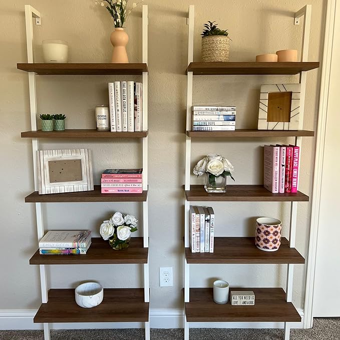 Nathan James Theo 5-Shelf Wood Modern Bookcase, Open Wall Mount Ladder Bookshelf with Industrial Metal Frame, Natural Light Brown/White, Set of 3