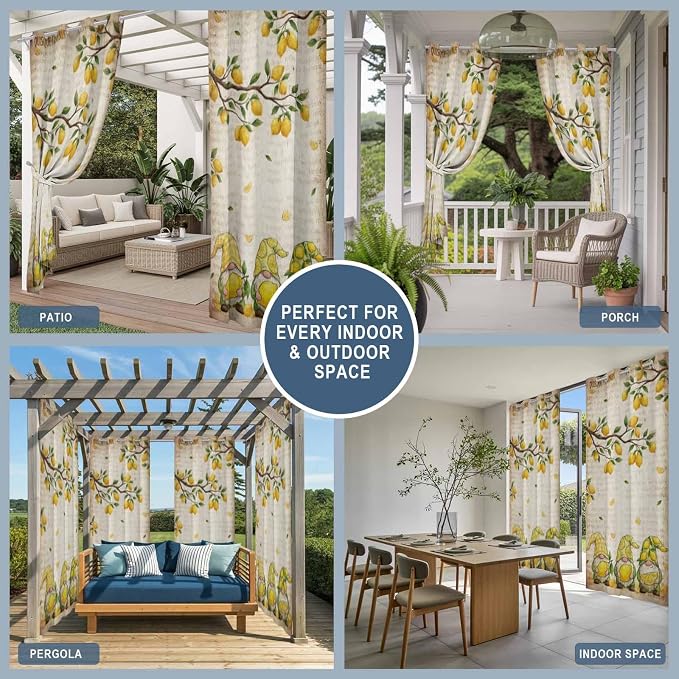 Summer Gnome Outdoor Curtains for Patio Gnome Lemon Leaf Vintage Waterproof