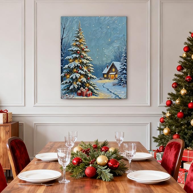 Framed Christmas Pictures Wall Decor,Vintage Pine Tree Prints,Winter Christmas Canvas Wall Art Decoration for Bedroom Bathroom Living Room Rustic Xmas Holiday Gifts (Christmas Tree 20, 11'' X 14'')